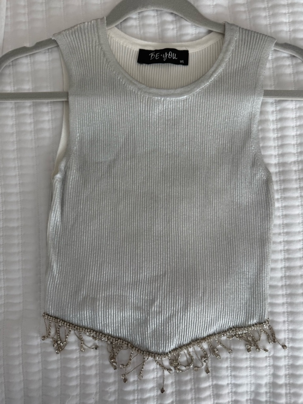Silver Metallic Ribbed Tank with Beaded Fringe